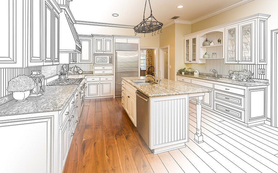 Beautiful Custom Kitchen Design Drawing and Gradated Photo Combination to demonstrate timeless kitchen design trends.